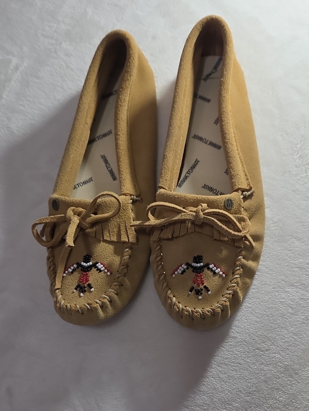 Minnetonka Tan Suede Beaded Moccasin Flats
